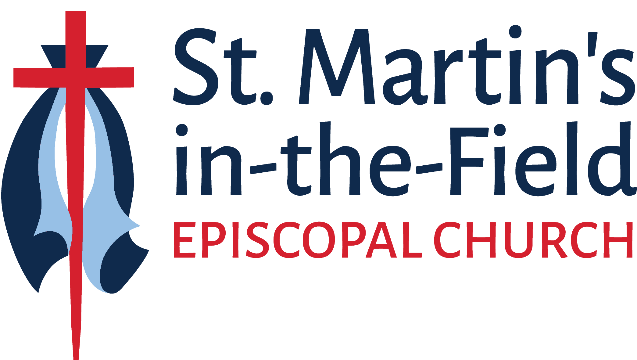 Logo of St. Martin's in-the-Field Episcopal Church, featuring a stylized red cross and blue shield with text in blue and red.