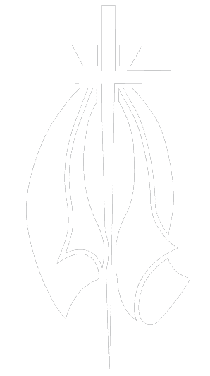 A stylized cross with abstract flowing robes, creating an artistic religious symbol, possibly representing purity and spirituality against a black background.